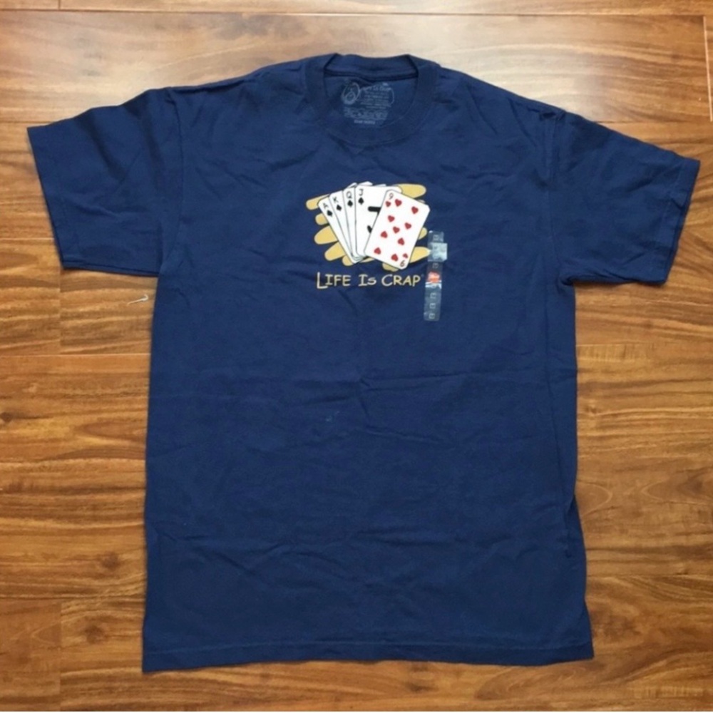 NWT New Vintage Mens Y2K Life Is Crap Navy Blue Cards Crew T-Shirt Comedy Size M